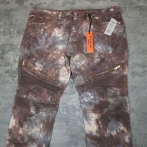 ROCK REVIVAL Daviday Moto Acid Wash Tie Dye Denim Jeans Mens Size 42x32 Brown - Picture 3 of 9